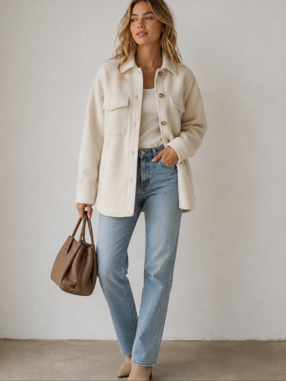 Line & Dot Drew Wool Cream Blend Shirt Jacket Coat